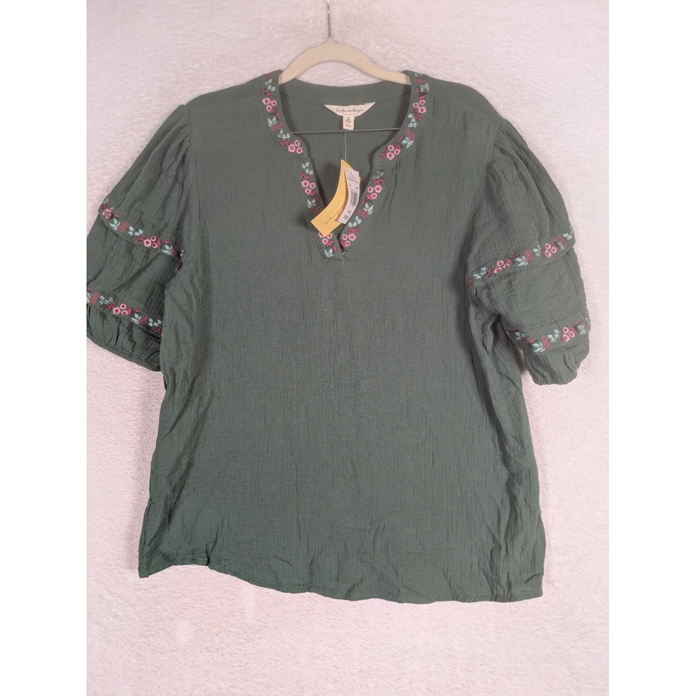 NEW Linda Anderson Blouse Women's Small Teal Embroidered Double Gauze V-Neck